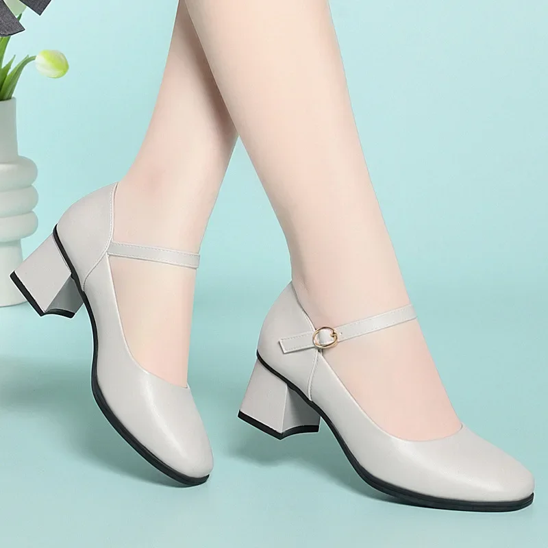 

5cm All Match Breathable Comfortable Shallow Soft Leather Mary Janes Women Pumps 2025 Spring Med Block Heels Shoes Office Mom