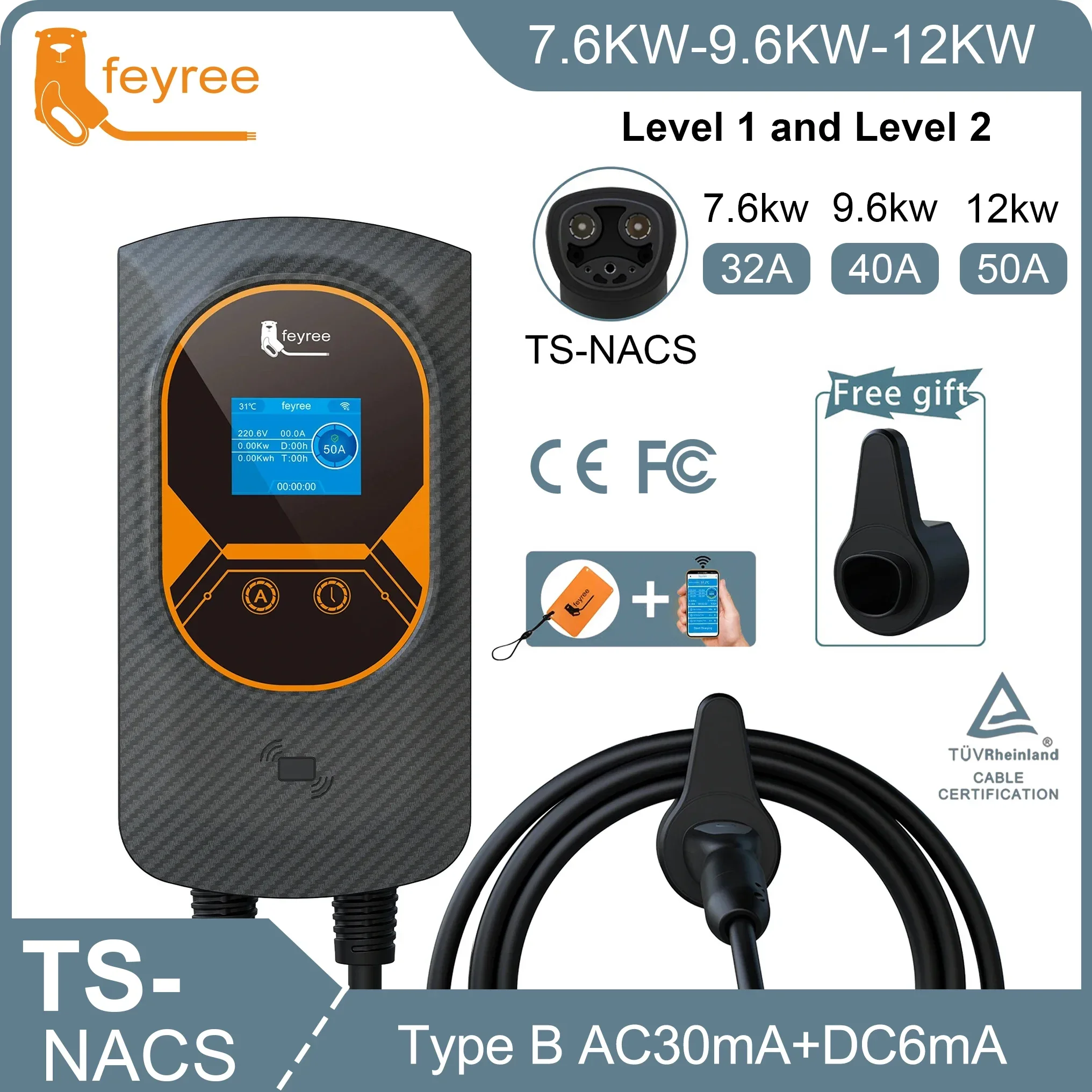 feyree EV Charging Station TS-NACS EVSE Wallbox 32A 7.6KW 40A 9.6KW 50A 12KW 1Phase 5M APP Control for Electric Vehicle Car