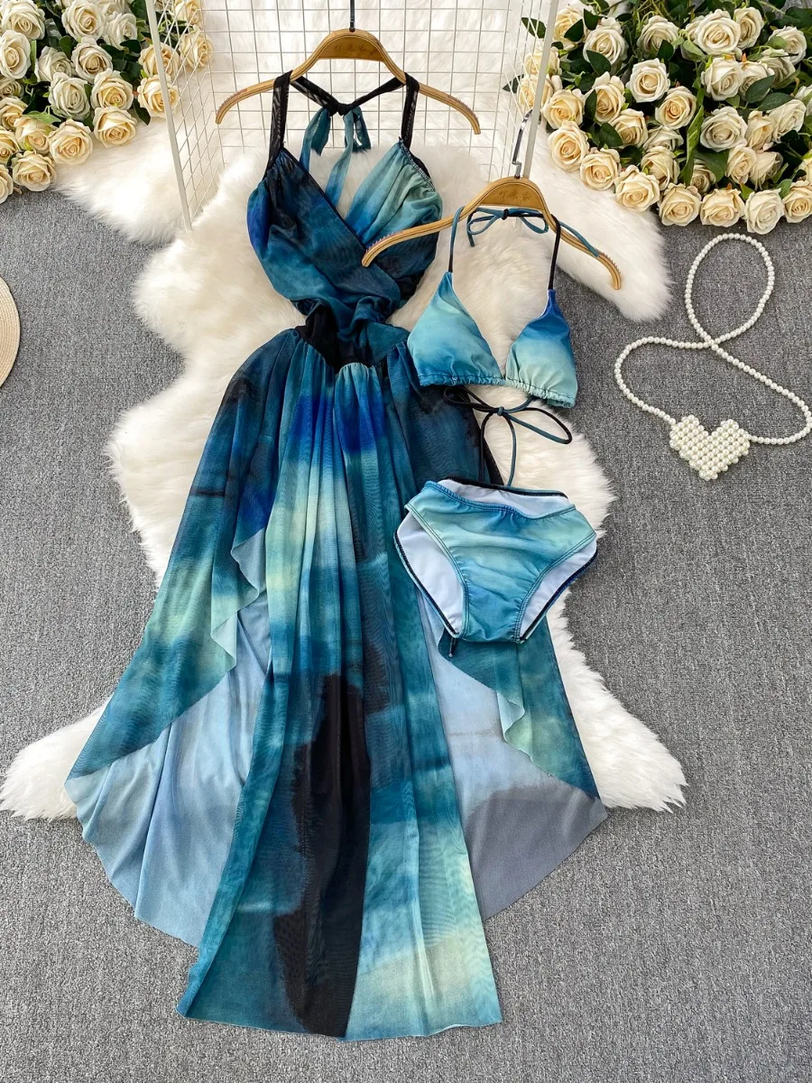 

Foamlina Vacation Style Elegant Tie Dye V Neck Halter Strap Dress Women Summer Hot Backless Bra Top & Swimsuit Pants 3 Piece Set
