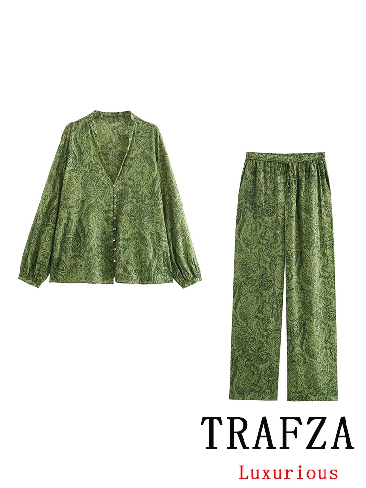 TRAFZA Vintage Casual Chic Green Print Women Suit V-Neck Long Sleeve Single Breasted Blouse Straight Pants Fashion 2024 Suits