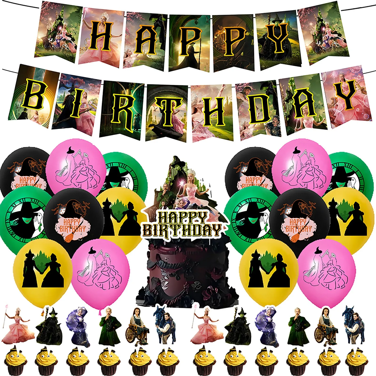 Happy Birthday Wicked Theme Balloons Banner Cake Topper Set Party Ornaments Birthday Decorations Cupcake Baby Shower Decoration