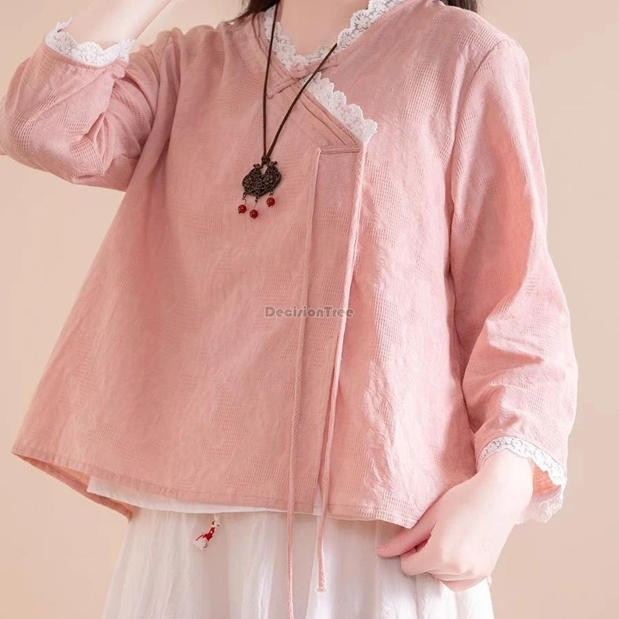 

2025 новый кружевной топ ханьфу в китайском стиле для женщин весной, повседневная и свободная рубашка в китайском стиле в стиле ретро.