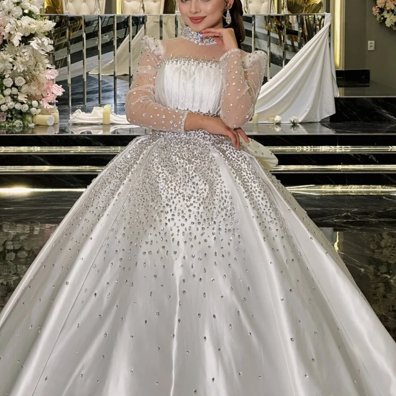 Luxury Satin White Appliques Wedding Dresses Beadwork Crystal Decal Skirt long tail A-line Slit Made wedding dress Bridal Gown