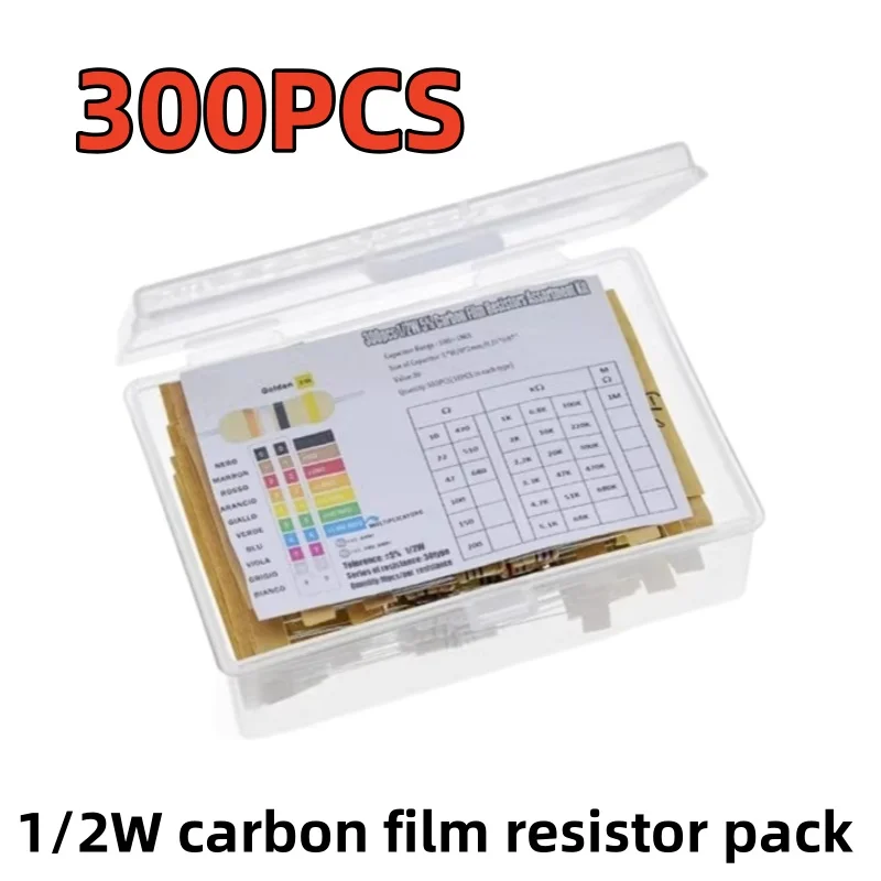

1/2W carbon film resistor pack 5% 1 ohm-10M commonly used 30 resistance values, 10 each, 300PCS