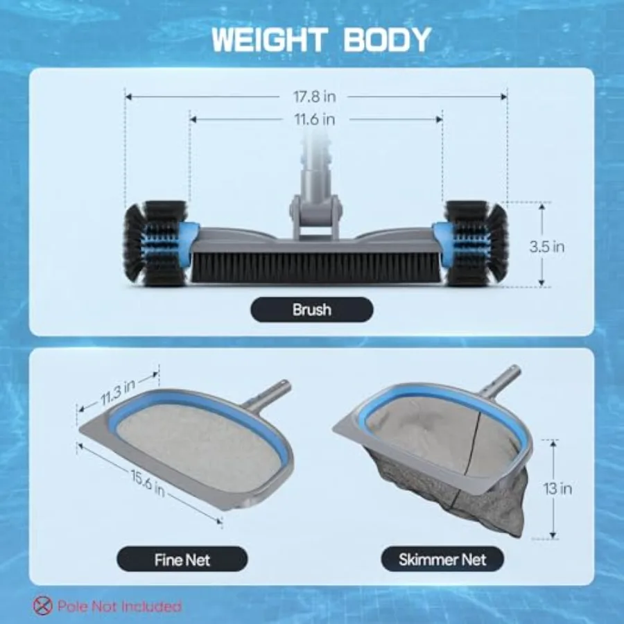 3-in-1 Deluxe Swimming Pool Cleaning Kit - Includes Pool Brush with Detachable Side Round Ends, Deep Leaf Skimmer Net and Flat