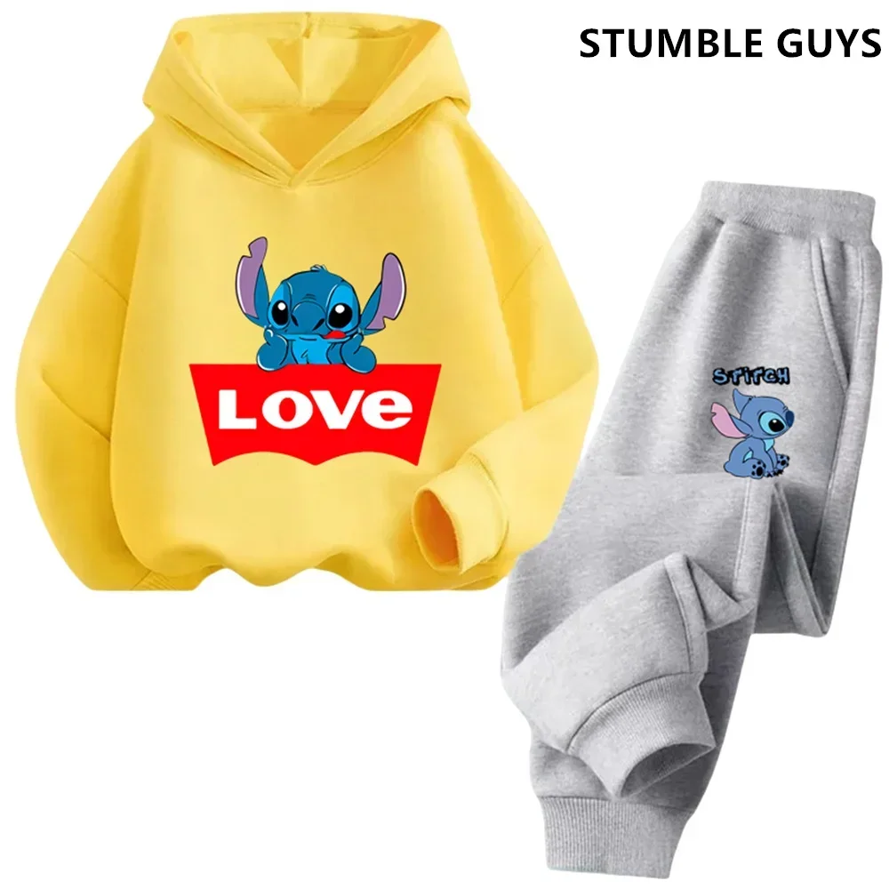 2024 Kawaii Stitch Hoodie Set Girls Casual Long-sleeves Sweatshirt+long Pants Sets for 2-13 Years Kids Autumn 2pcs Set Clothing