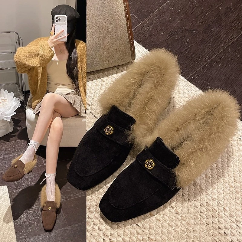 Winter Women's Natural Suede Leather Square Toe Slip-on Rabbit Fur low heel Shoes Fashion Metal flower decoration Female Shoes