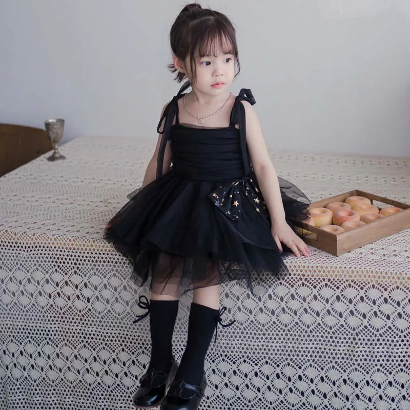 Summer Girl Slip Dress Black Mesh Puffy Skirt Vest Princess Dress Dark Cake Dress Set Baby Clothes