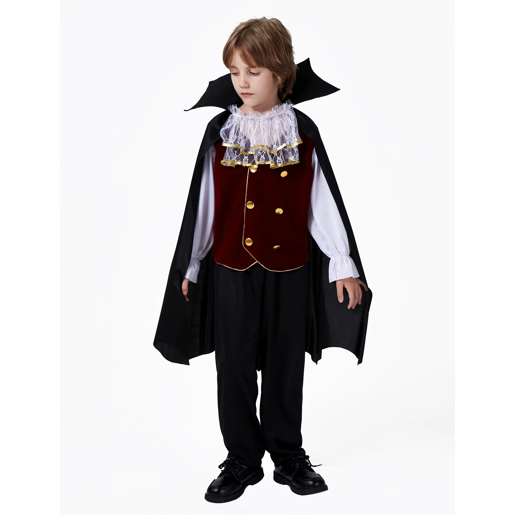 Königliches Vampir-Kostüm für Kinder, 3-teiliges Set, schwarzer Umhang + Oberteil + lange Hose, Halloween-Bösewicht-Cosplay für Jungen, europäisches Vintage-Zombie-Outfit – Detail 4