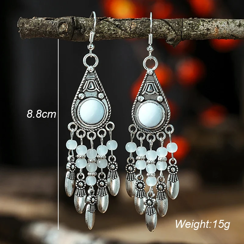 Vintage Ethnic Crystal Bead Water Drop Tassel Earrings for Women Elegant Handmade Silver Color Dangle Earring Female Jewelry