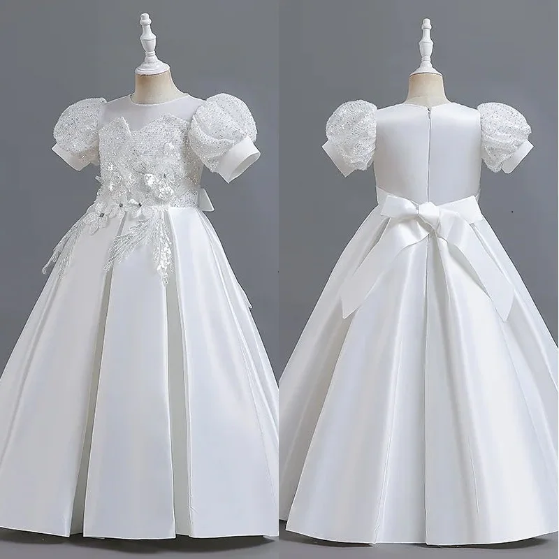 A-Line ชุดเดรสเด็กผู้หญิง Applique เจ้าหญิงเงาจีบซาตินสำหรับวันเกิดสำหรับเด็ก Party First Communion เดรสแขนสั้น Chapel