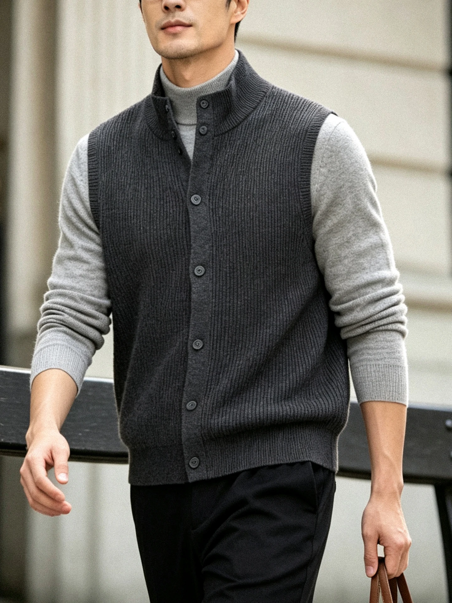 Charcoal Black Men's Knitted Vest Half High Collar Open Cardigan Sweater Commute Layering Casual Wear Polyester Fiber