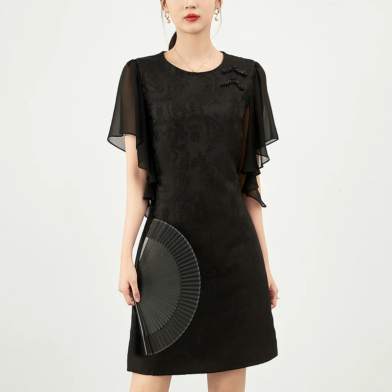 

Elegant Fashion Dresses For Women 2024 Summer Chinese Style Chiffon Short Sleeve Women's Clothing Vintage Jacquard Dress A-line