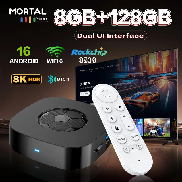 2026 Nowy T1 Ultra TV Box z Podwójnym Interfejsem Użytkowym, 8K Ultra HD, Android 16, 8GB RAM, 128GB Pamięci, WIFI 6, Asystent, Inteligentny Odtwarzacz Multimedialny do Streamingu