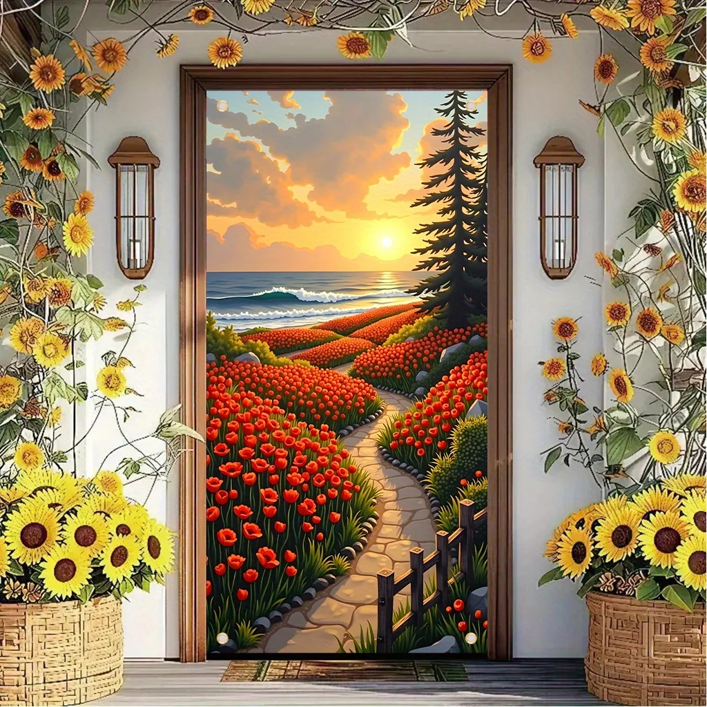 Uma cortina 2D, decoração de parede em poliéster, com cena de oceano e tulipas vermelhas, para decoração de casa e escritório.