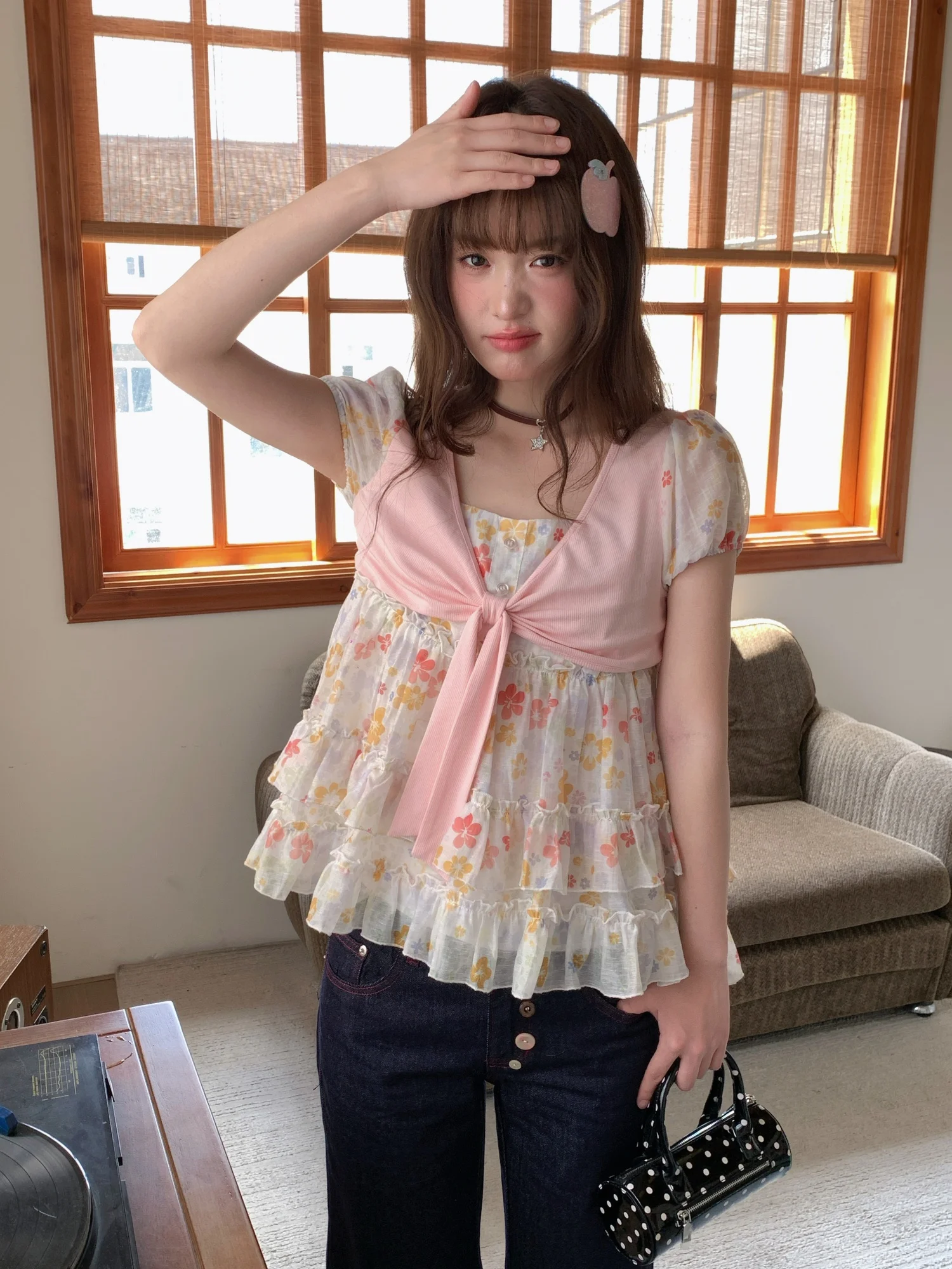 RRFIGHT Vintage Spliced Fake Two-Piece Denim Jeans Women Slim Wood Grain  Nine Points Cotton Polyester Blend Casual Pants