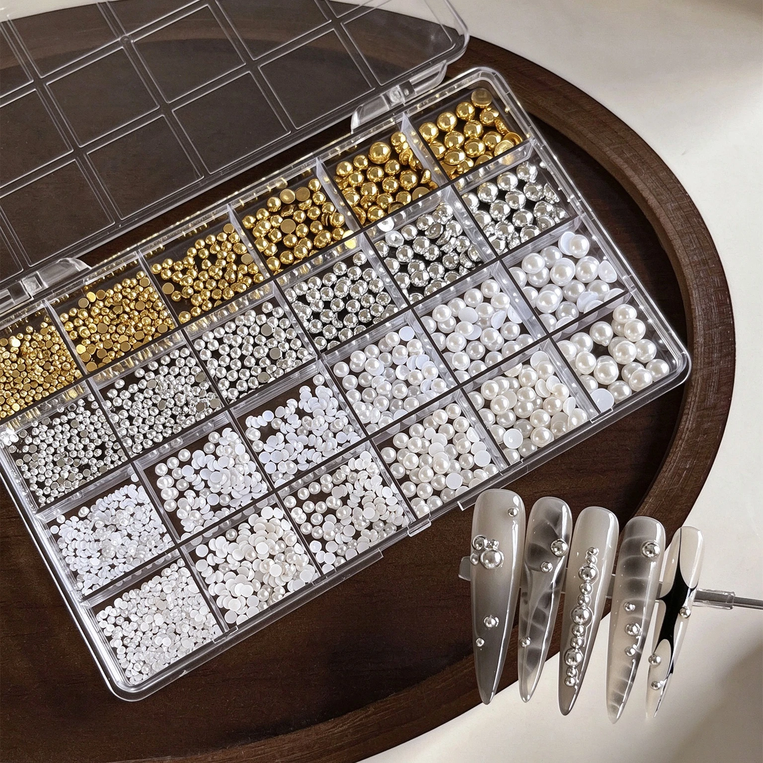 24 Grids Mixed Size Half-Round Pearl & Metal Steel Beads Nail Rhinestones 2-6mm Flatback Nail Art Decorations DIY Manicure Acces