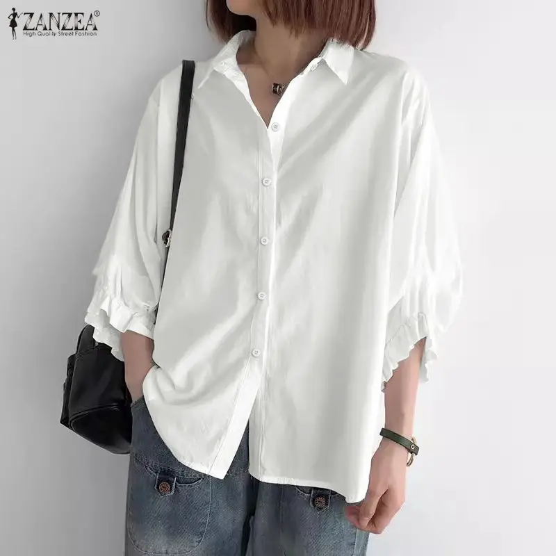

ZANZEA, женские рубашки, модные однотонные топы с рукавами 3/4, повседневная элегантная офисная женская блузка, стильная свободная женская одежда, Blusas 2026