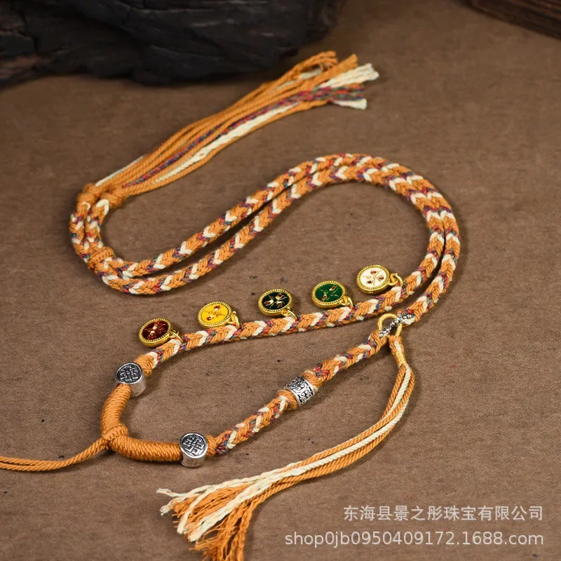 Hand-Woven Tibetan Style Pendant Rope Five Gods of Wealth Thangka Necklace Rope Tibet Beads Pendant Rope Hand Rub Cotton Clavicl