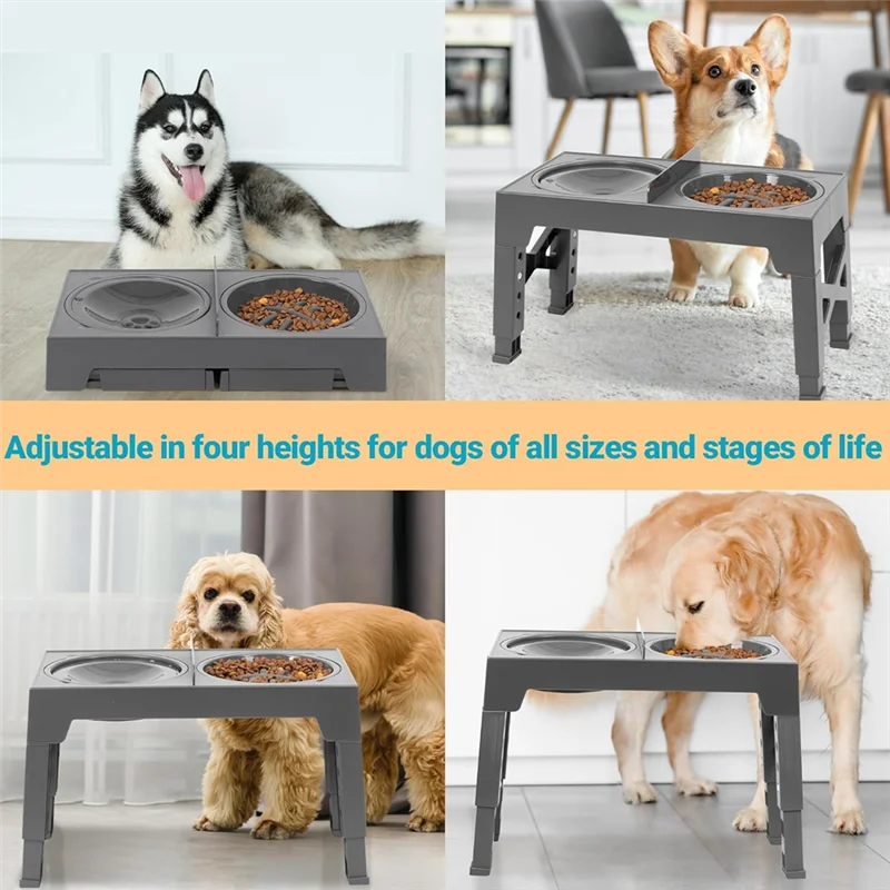 

A03I-Raised Dog Bowl With Slow Feeder Dog Bowl, And No Spill Dog Water Bowl, Elevated Dog Bowls Adjusts To 5 Heights For Dog Dur