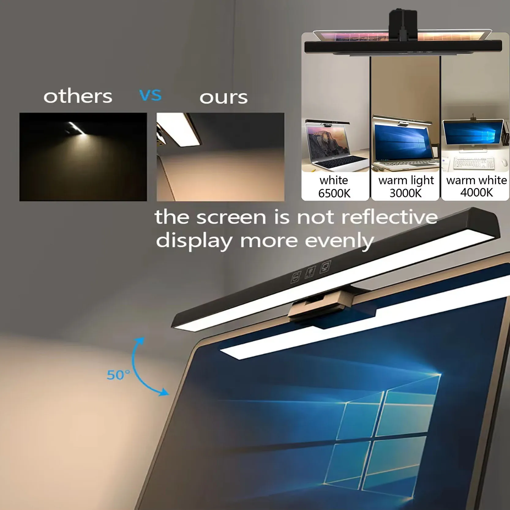 USB Stepless Dimming Table Desk Lamp Screen Hanging Light Curved Screen Monitor Light Bar 3 Colors Night Light For Home Office