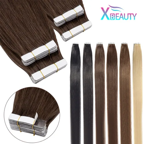 Extensiones de Cabello 100% humano para mujer, cinta adhesiva reemplazable de trama de piel sin costuras, 20/40 piezas, 26 pulgadas