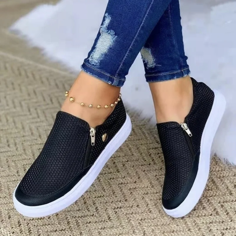 2022 Ladies Leather Casual Shoes Spring and Autumn New Zipper Fashion Women\'s Shoes Lightweight Non-slip Walking Platform Shoes