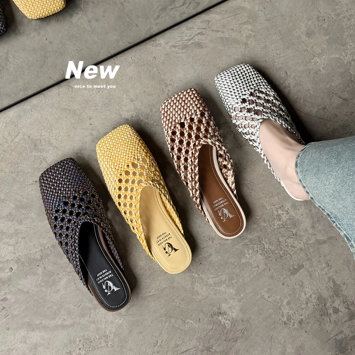 2026new summer women sandals natural leather 22-25cm microfiber weave sheepskin closed toe low heel mules women slippers fashion