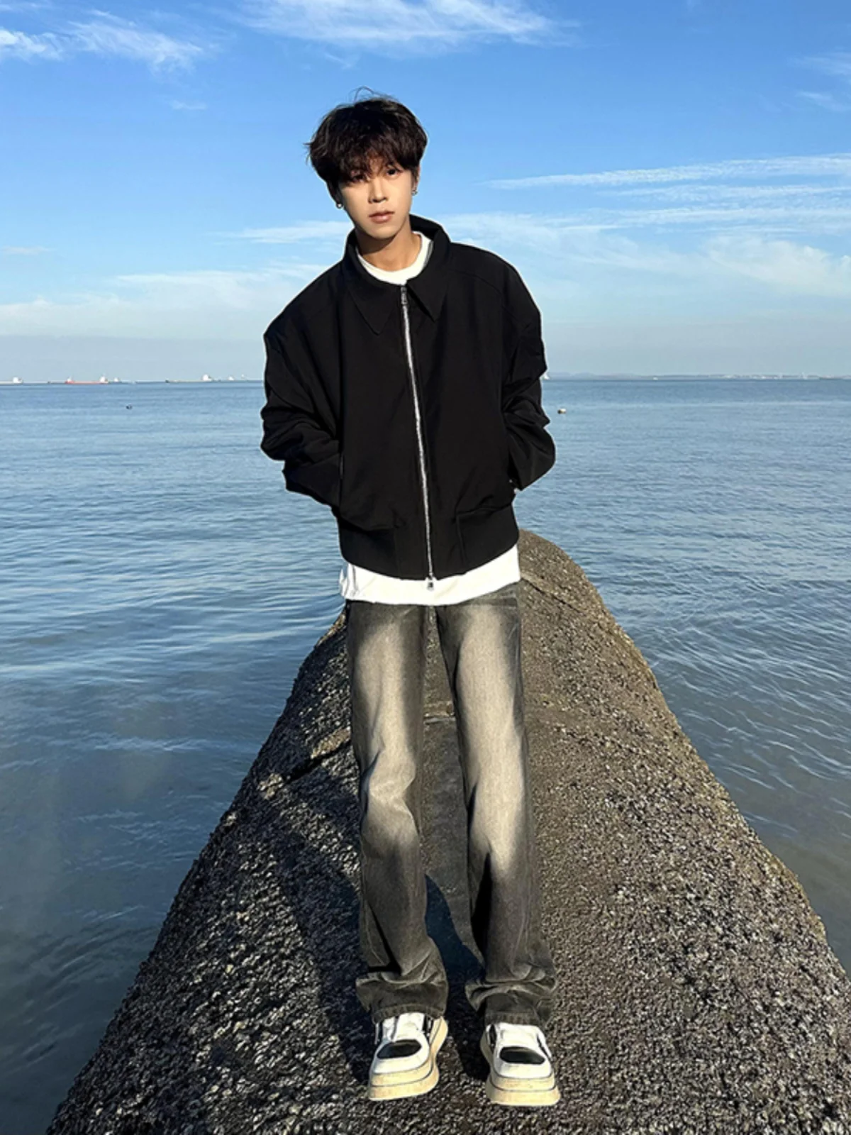 

American High Street Men's Jeans Flared Waed adient Long Leg Straight Knife Pants Autumn Faion Youth Wear Stone Wa