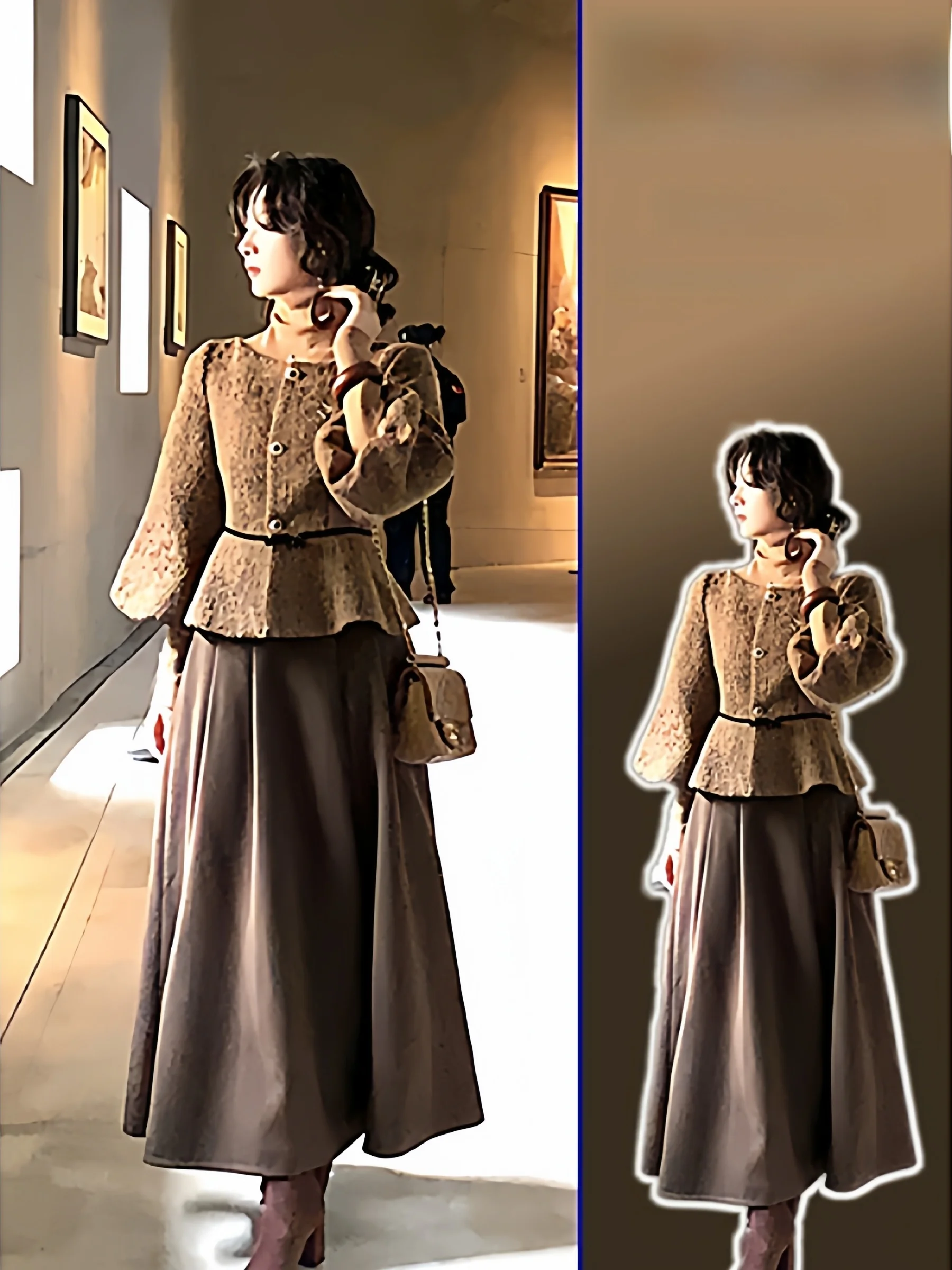 

Модный комплект из двух предметов: куртка с рукавами-фонариками и юбка, универсальный размер, теплый вязаный топ с металлическим декором.