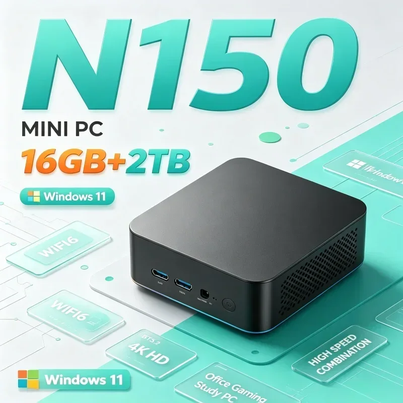 Consumption Mini Computer Core N150 16GB RAM 1TB SSD Win11 4K UHD Display WiFi6 BT5.2 Portable Business Office Mini PC Host