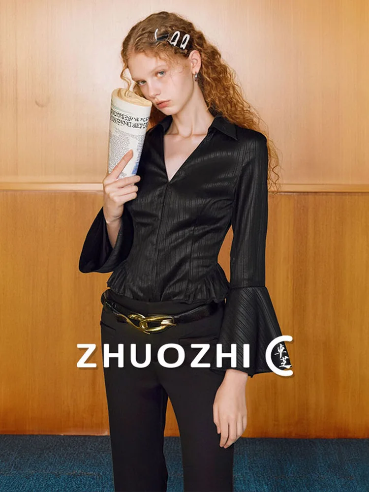 

Женская повседневная дышащая блузка с глубоким V-образным вырезом, в полоску, с завышенной талией и расклешенными рукавами, Весна 2026