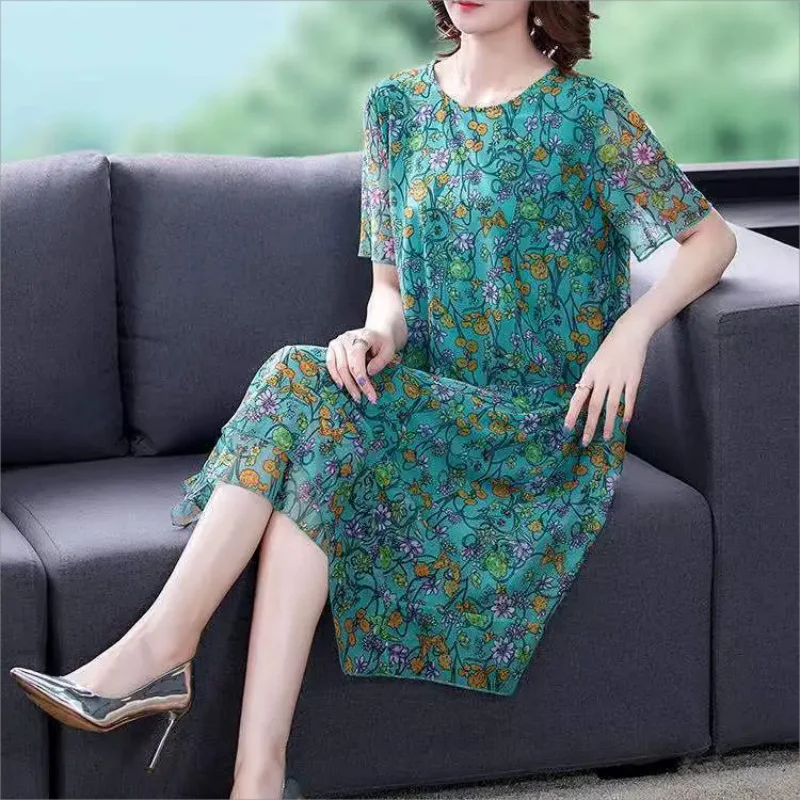 女性のヴィンテージフローラルプリントフリルメッシュパーティードレス、Oネック、ルーズミディドレス、夏のファッション、エレガント、2020