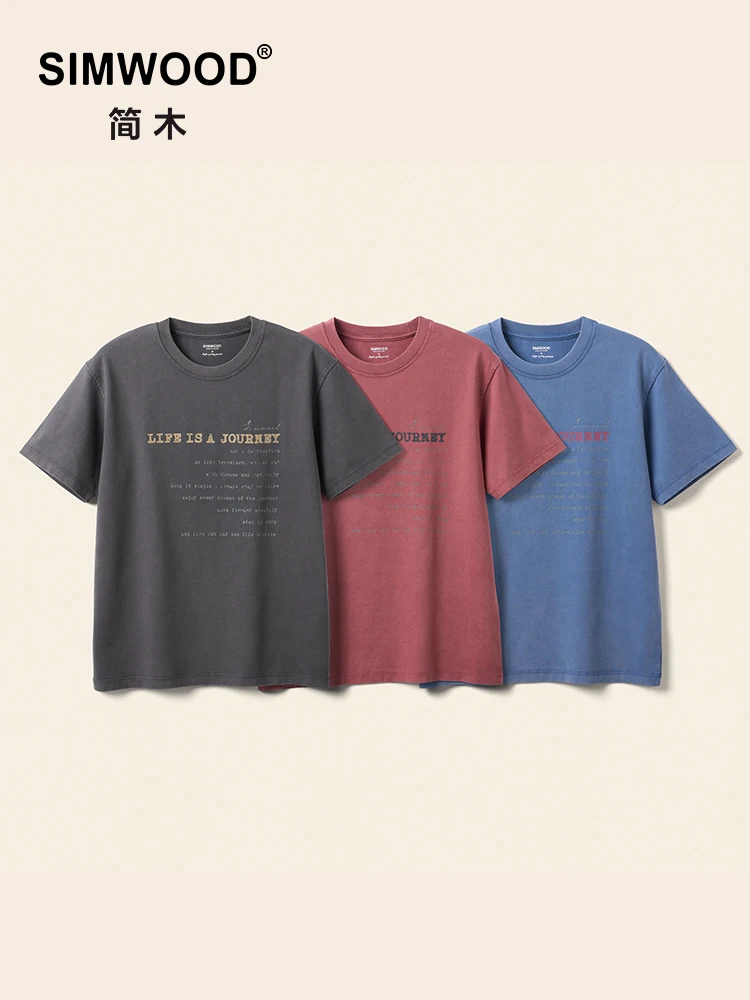 

SIMWOOD Oversize Summer New Washed Vintage T-shirts Men 260gsm 100% Cotton Fabric Letter Print Tops