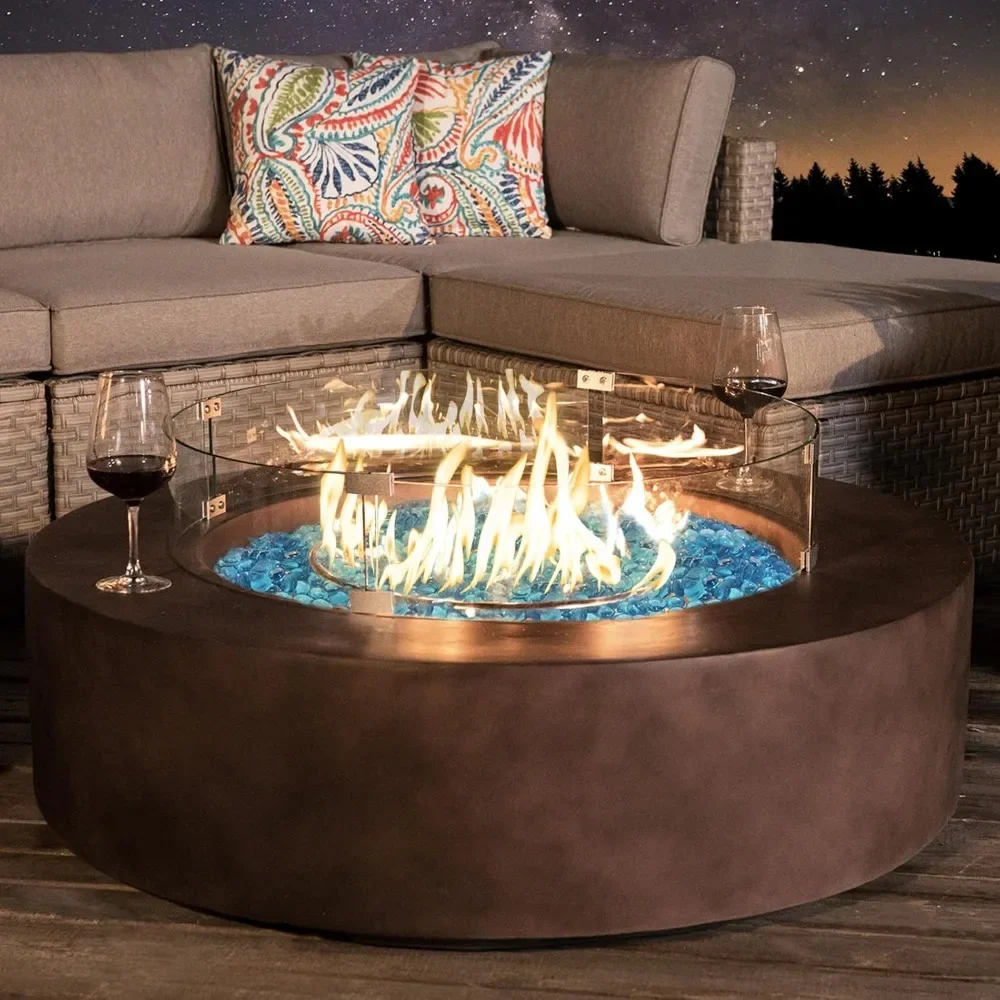 

40.5-inch Fire Pit Table with Wind Guard, Aqua Blue Fires Glass, Waterproof Cover, Round Base Stainless Propane Fire Pit Table