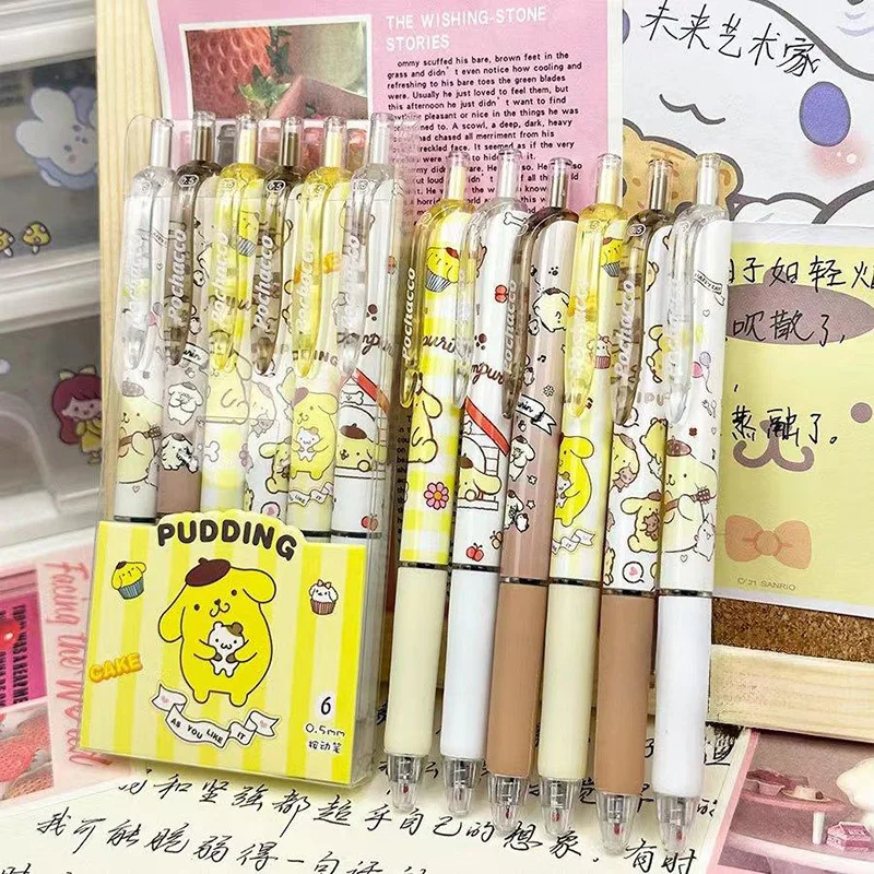 Sanrio Hello Kitty 6pcs Series Gel Pen 0.55mm Refill Y2k Cinnamoroll Kuromi MelodyCartoon Press Pen Black Stationery Supplies