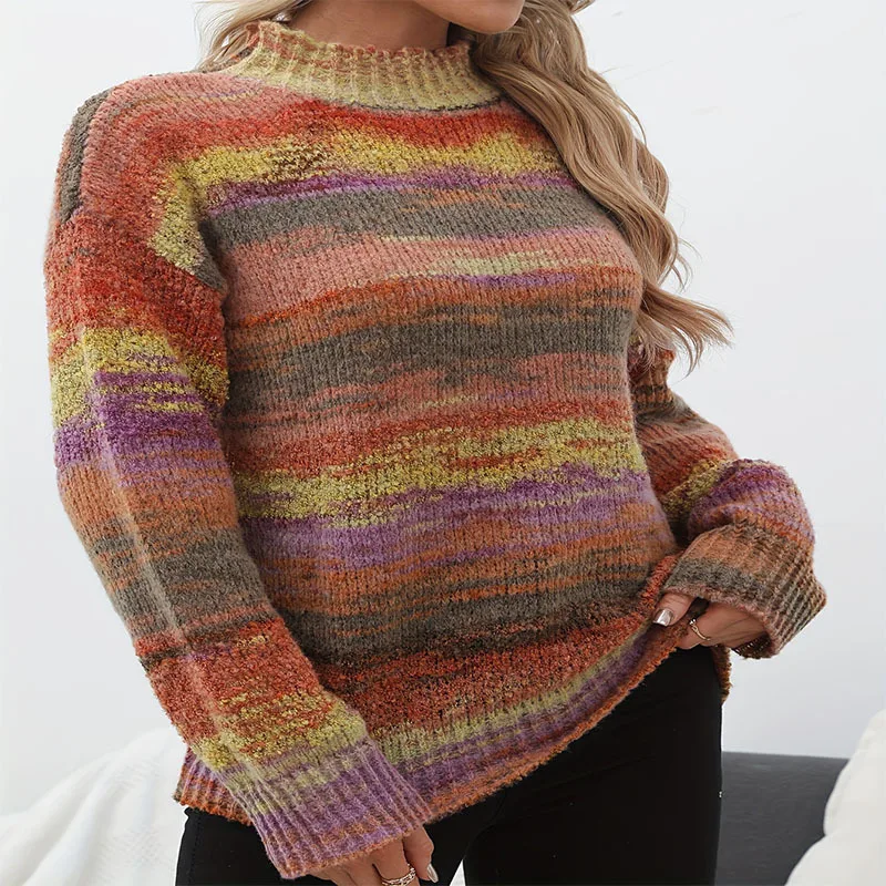 New Autumn and Winter Retro Random Rainbow Striped Loose Long Sleeved Round Neck Sweater Women's Knitted Sweater