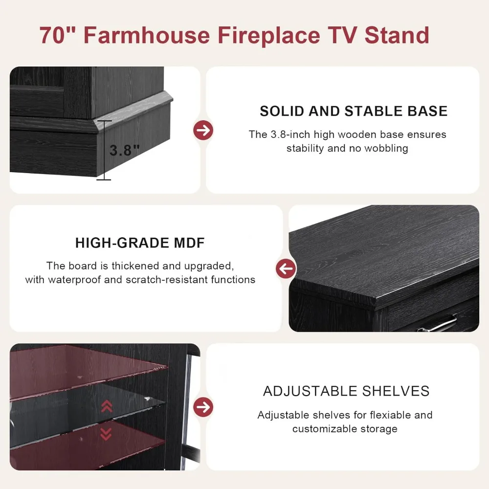 حامل تلفزيون حديث 70 مع مدفأة زجاجية ثلاثية الجوانب، مركز وسائط خشبية مضيئة بإضاءة LED