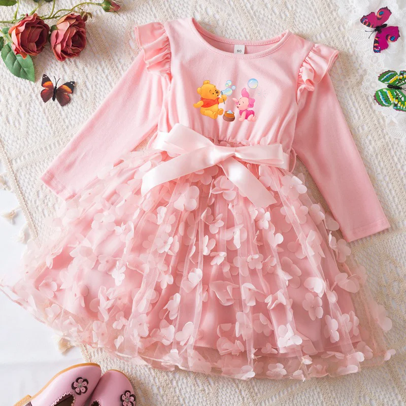 Winnie the Pooh Girl Baby Dresses Spring Autumn Child Long Sleeve Sweet Princess Dress Mesh Newborn Dress Birthday Party 2-6Y