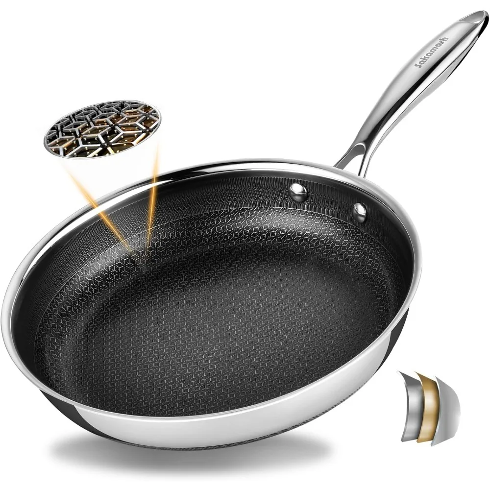 

11" Non Stick Frying Pans, Stainless Steel Pan, Ceramic Skillet with Stay-Cool Handle, Non Toxic, PFAS PFOA PTFE Free