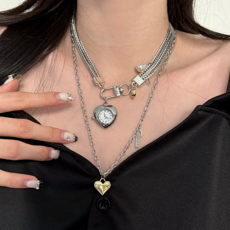 Fashion Heart-Shaped Clock Keychain Pendant Double-Layered Necklace Gothic Punk-Style Neckchain Personalized Jewelry Accessories