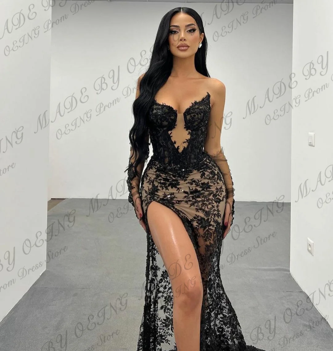 OEING Sexy Black Lace Mermaid Evening Dresses Simple Strapless High Slit Women Prom Gowns Formal Occasion Party Dress Gala