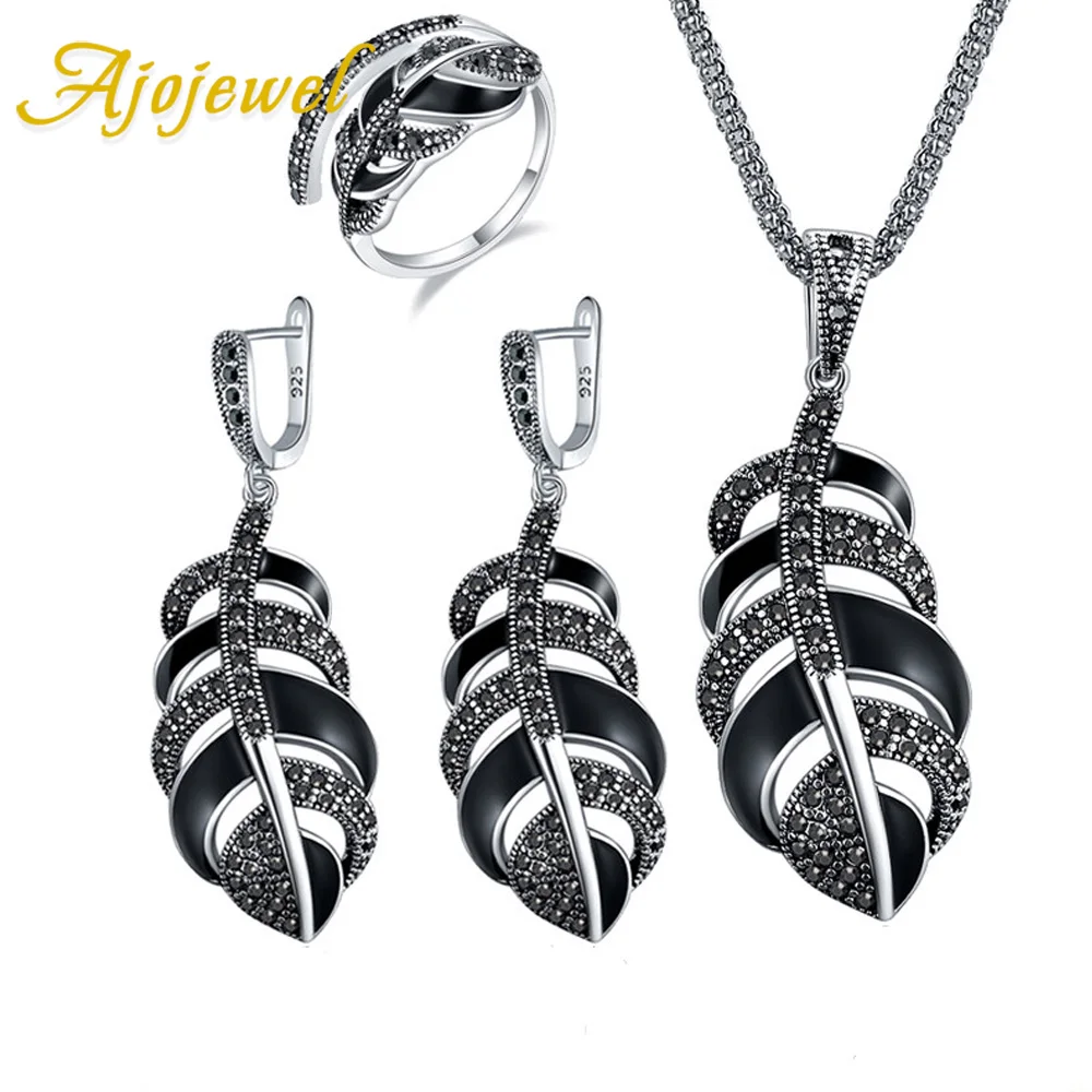 

Ajojewel Vintage Enamel Jewelry Women Set Feather Design Earrings Necklace And Ring With Black Rhinestones
