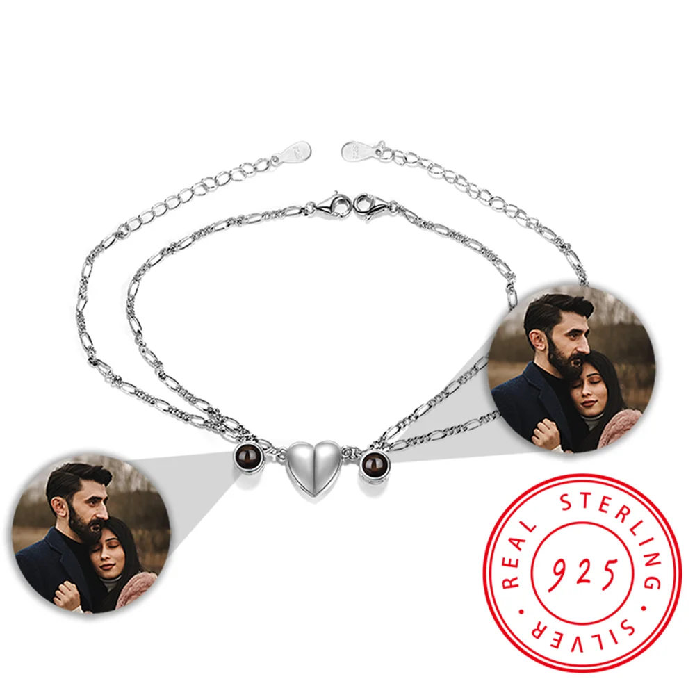 Pair of Love 925 Silver Figaro Projection Photo Custom Bracelets Pet Pendant Bracelet Bff Karkoto Couple Mother Daughter Jewelry