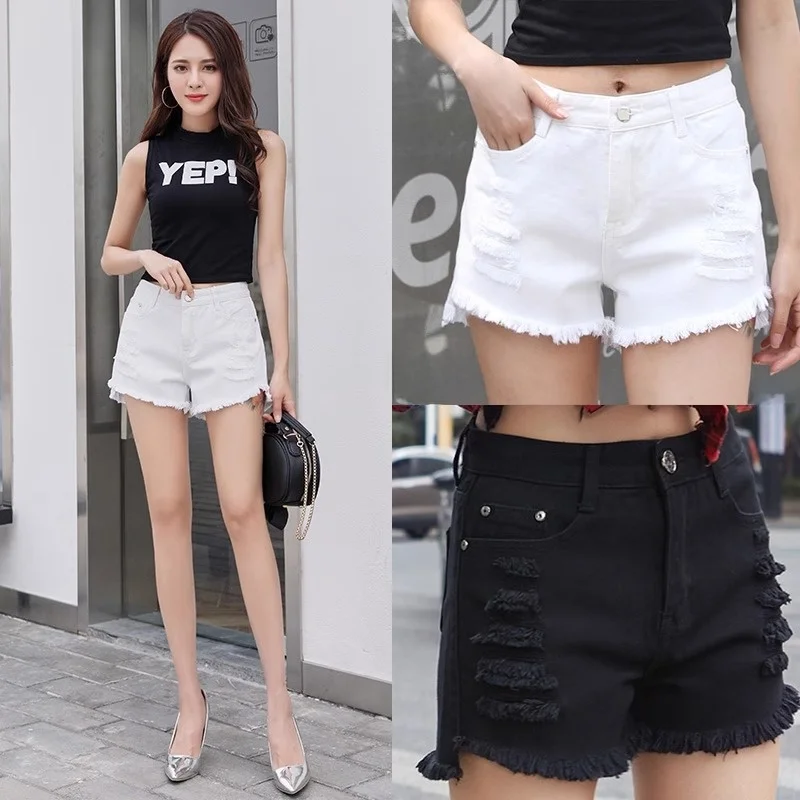 Taille haute blanc Denim orts femmes été minceur coréen Sle trou a-ligne jambes larges pantalon coton élastique Denim tissu