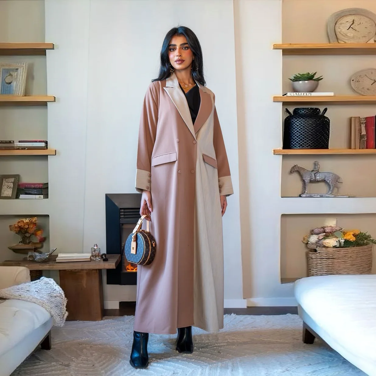 Modest European British Style Trench Coat for Women - Patchwork Notched Collar Double Breasted Long Coat
