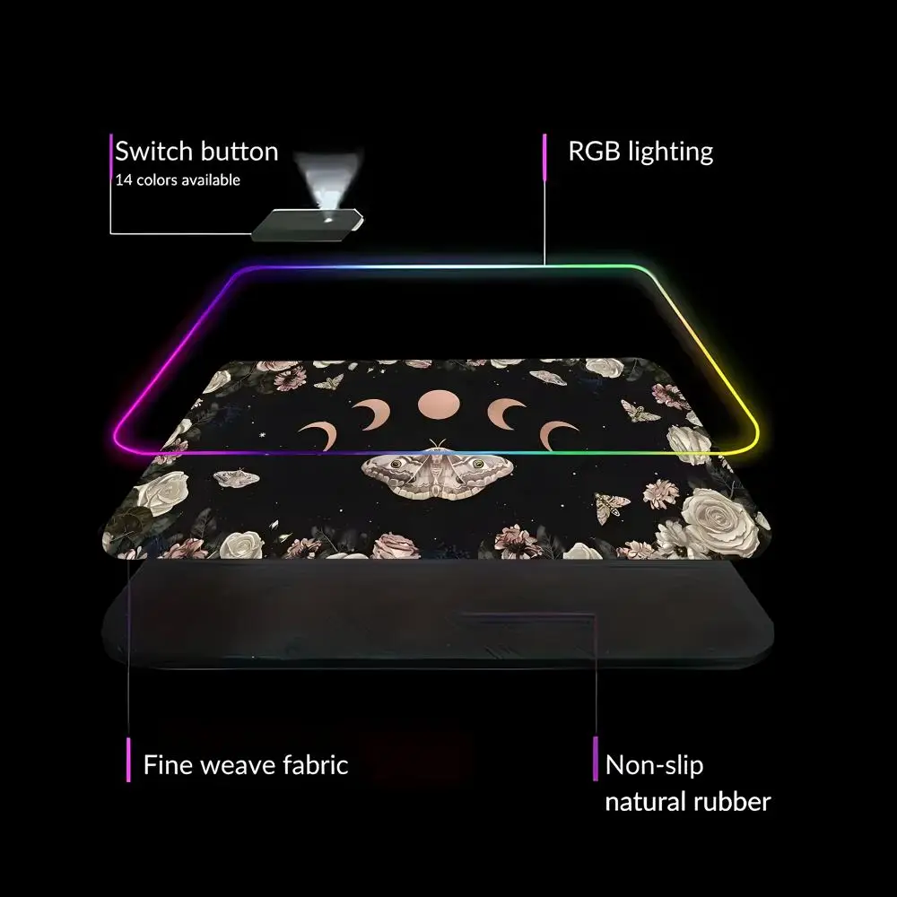 RGB Moon Phases Desk Mat Black Cottagecore Pale White Roses Butterflies Star Witchy Pagan Large Occult Wicca Mouse Pad HYBXAXC
