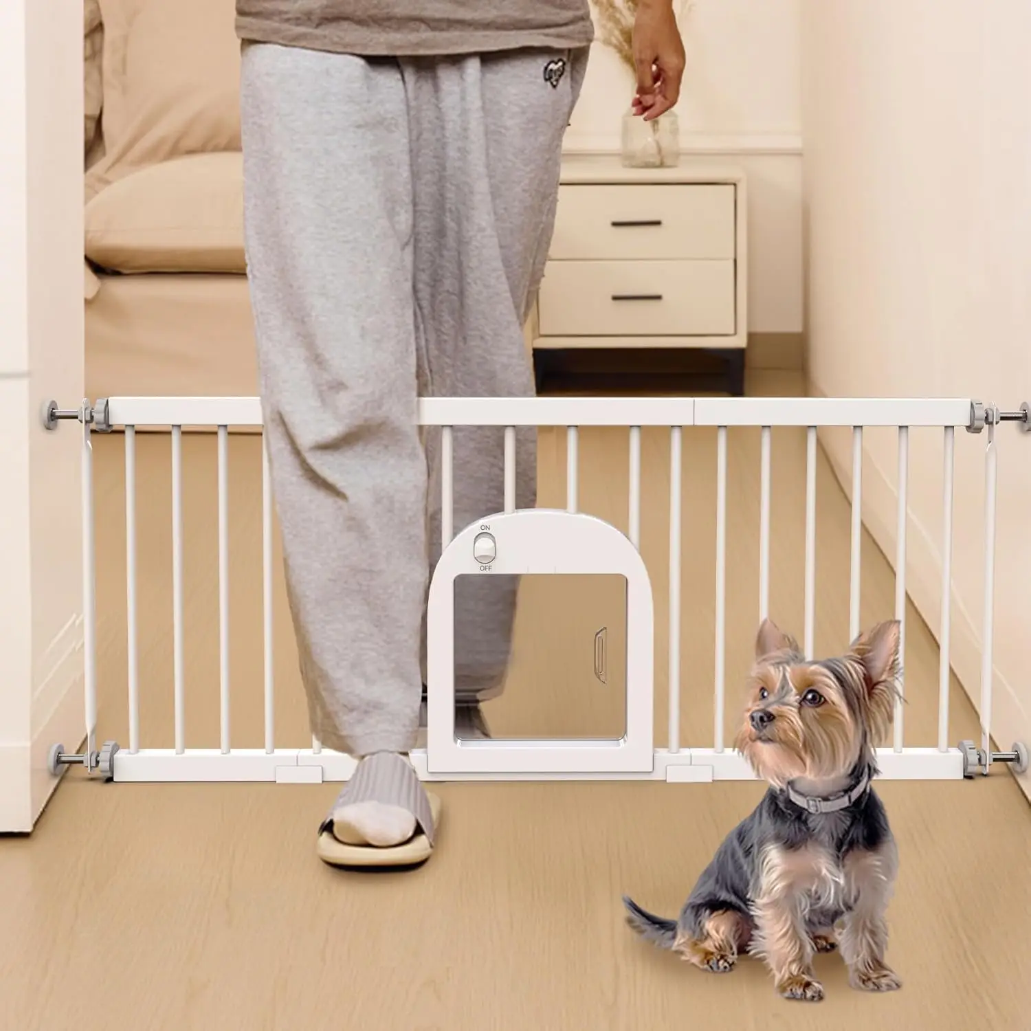 

Adjustable Dog Gate with Pet Door, 16-42.7" Wide, 16.5" Tall, Pressure Mounted, White