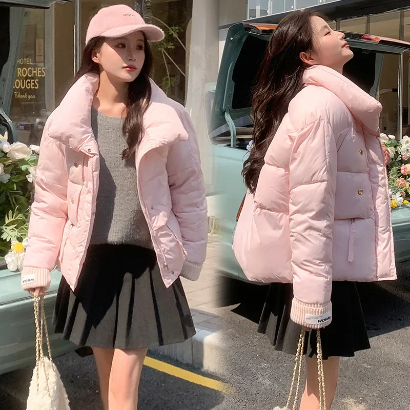 

Winter Parkas Women 2024 New Stand Collar Knitted Sleeve Coat Sweet Pink Short Down Cotton-padded Jacket Warm Windproof Outwear