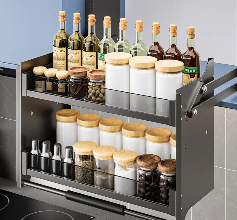 

Kitchen Cabinet Pull Basket Hanging Cabinet Pull Down Lift Door Rack Seasoning Basket